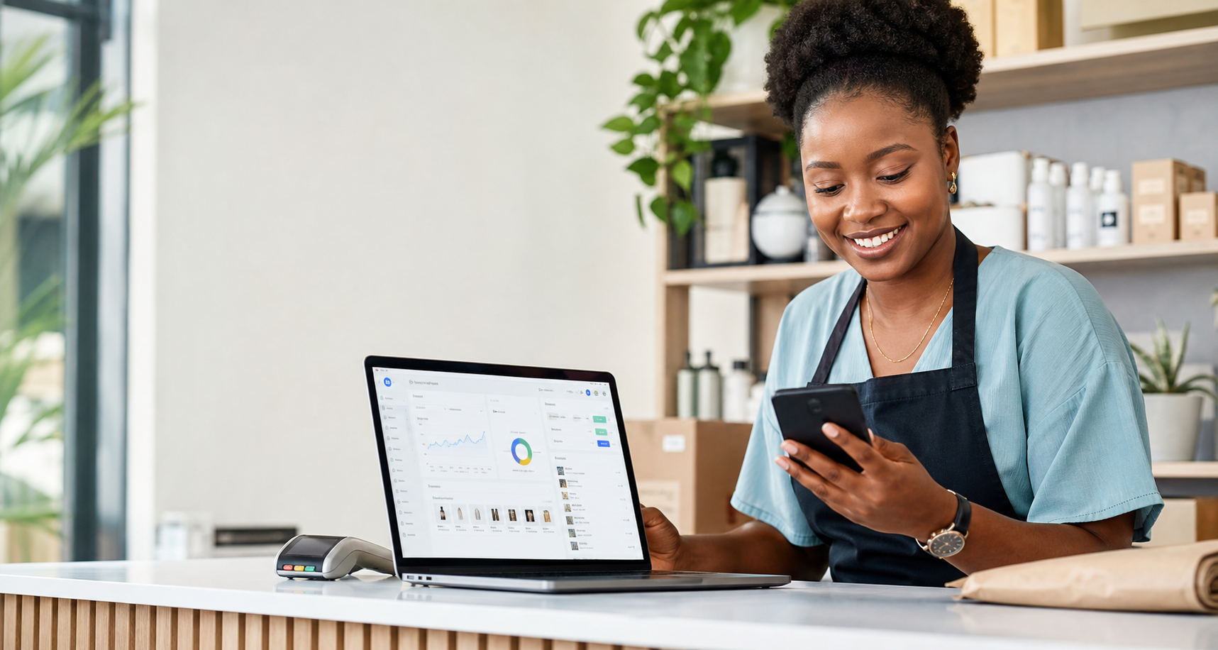 Business owner using SmartInvoice on phone and laptop
